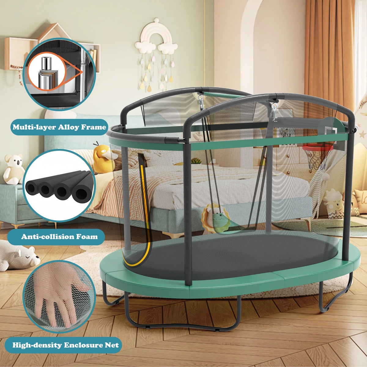 Seizeen 6FT Trampoline for Kids, 3-IN-1 Rectangular Outdoor/Indoor Trampoline with Enclosure, Basketball Hoop, Swing