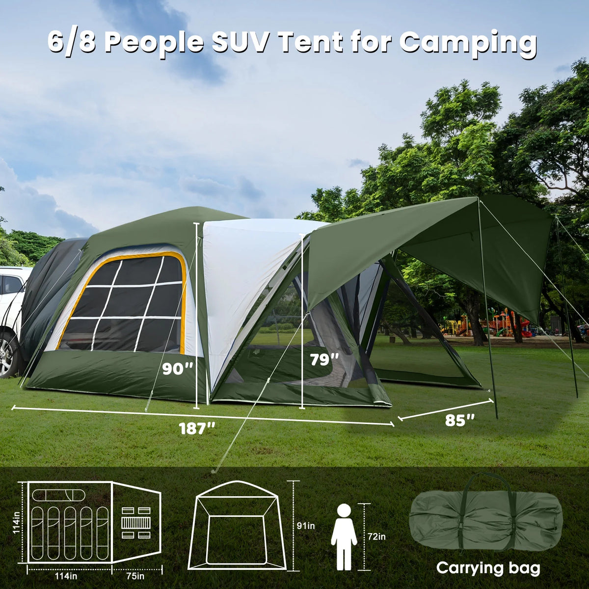 MOPHOTO SUV Tents for Camping 4 People, PU 3000mm Waterproof SUV Tent Attachment Tailgate Tent for Car Jeep Van, Spacious Space 8.2'L x 8.2'W x 7.2'H with 2 Awnings & Double Door