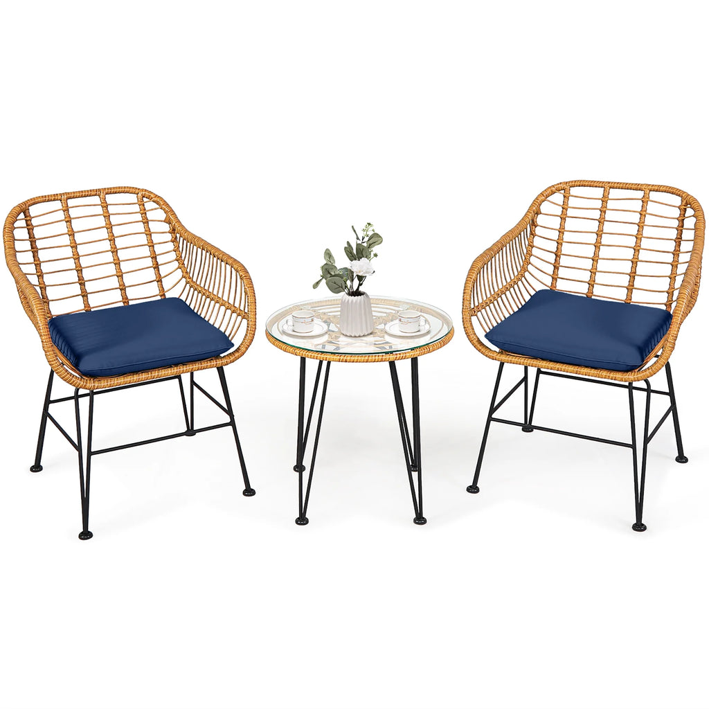 Costway 3PCS Patio Rattan Bistro Furniture Set Cushioned Chair Table Navy