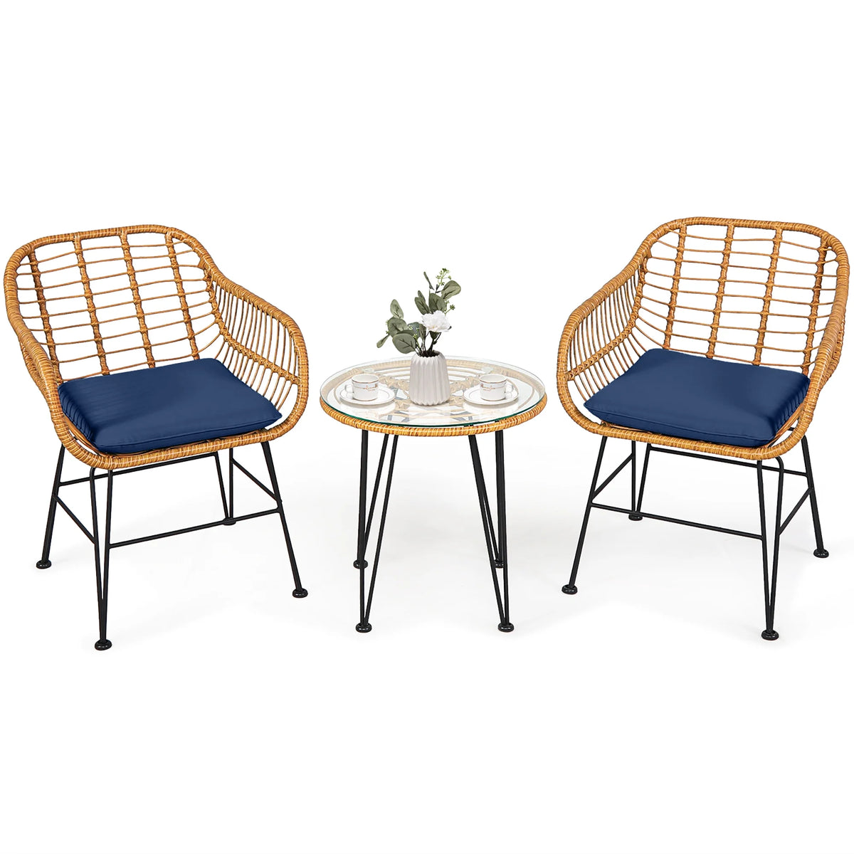 Costway 3PCS Patio Rattan Bistro Furniture Set Cushioned Chair Table Navy