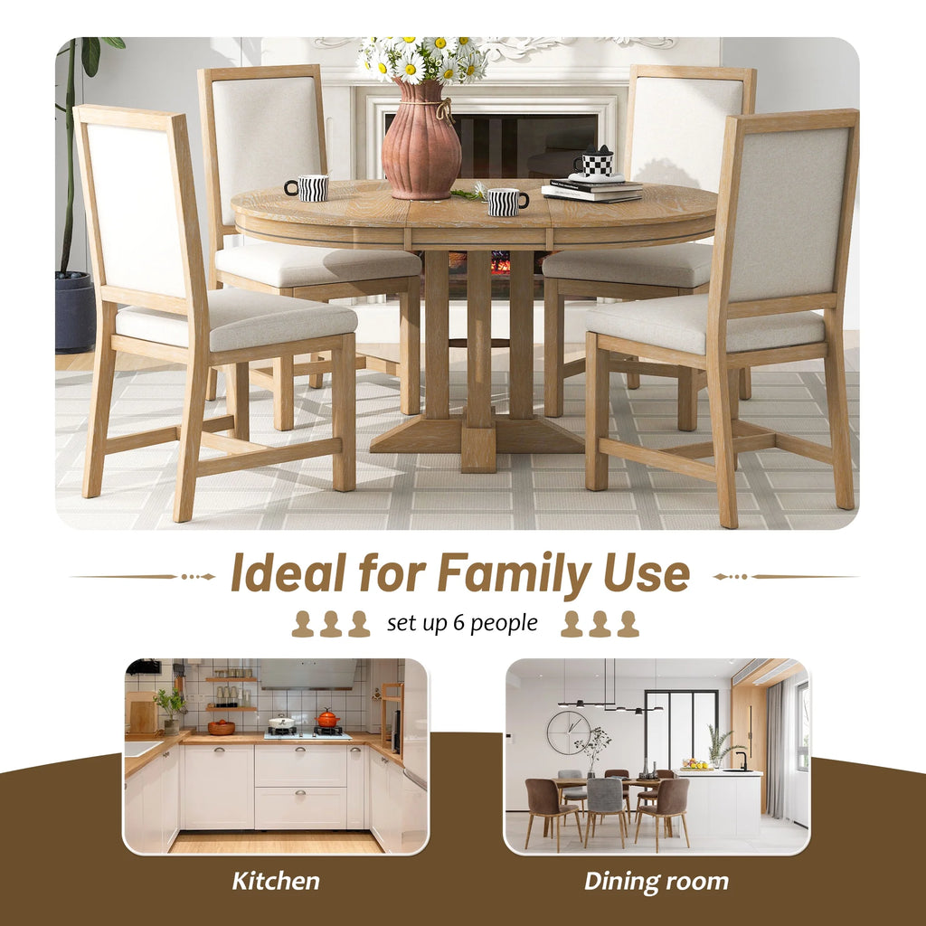 5 Piece Round Dining Table Set, Dining Room Set with Extendable Table and 4 Upholstered Chairs, Wood Dining Table Set for 4, Farmhouse Dining Table Set for Kitchen Dining Room Dorm Apartment, Brown