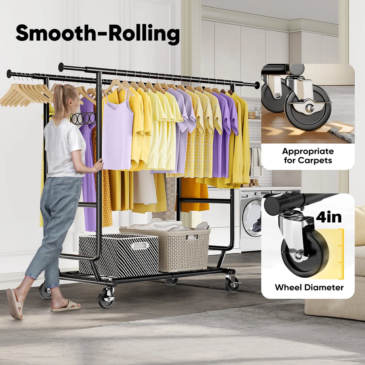 HOKEEPER 700 lbs Commercial Grade Heavy Duty Garment Rack with Shelves Collapsible Clothing Racks on Wheels Rolling Clothes Rack for Hanging Clothes Portable Adjustable, Chrome Finish