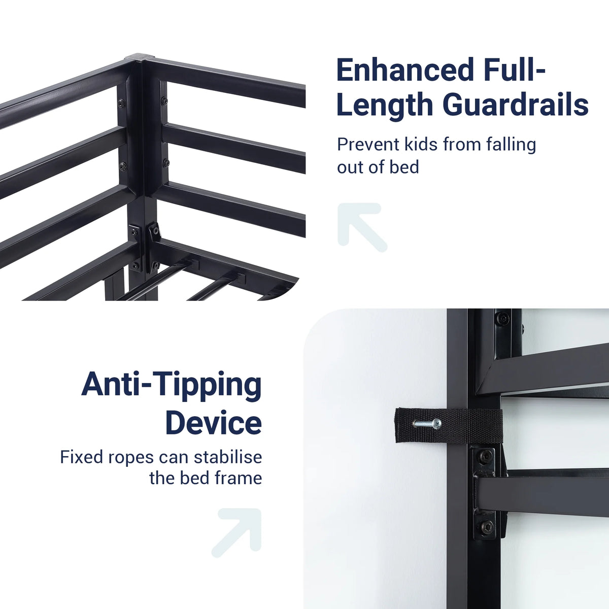 Sifurni Black Heavy Duty Twin Size Metal Loft Bed with Full-Length Guardrail & Removable Stairs