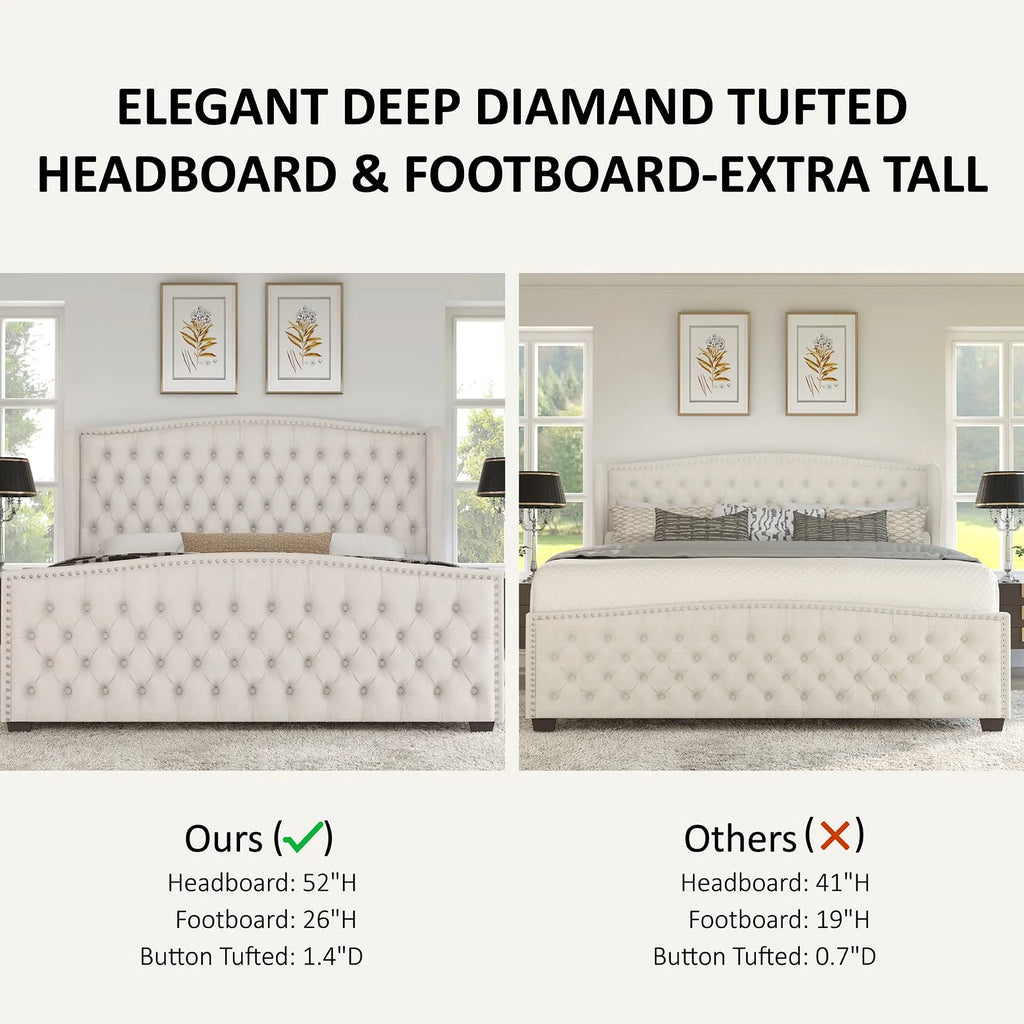 VANACC Queen Size Bed Frame, Velvet Upholstered Bed with Deep Button Tufted Wingback Headboard Grey