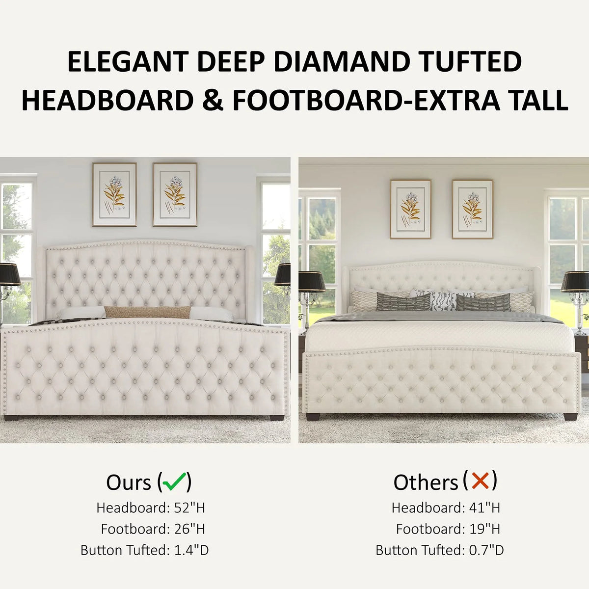 VANACC Queen Size Bed Frame, Velvet Upholstered Bed with Deep Button Tufted Wingback Headboard Grey