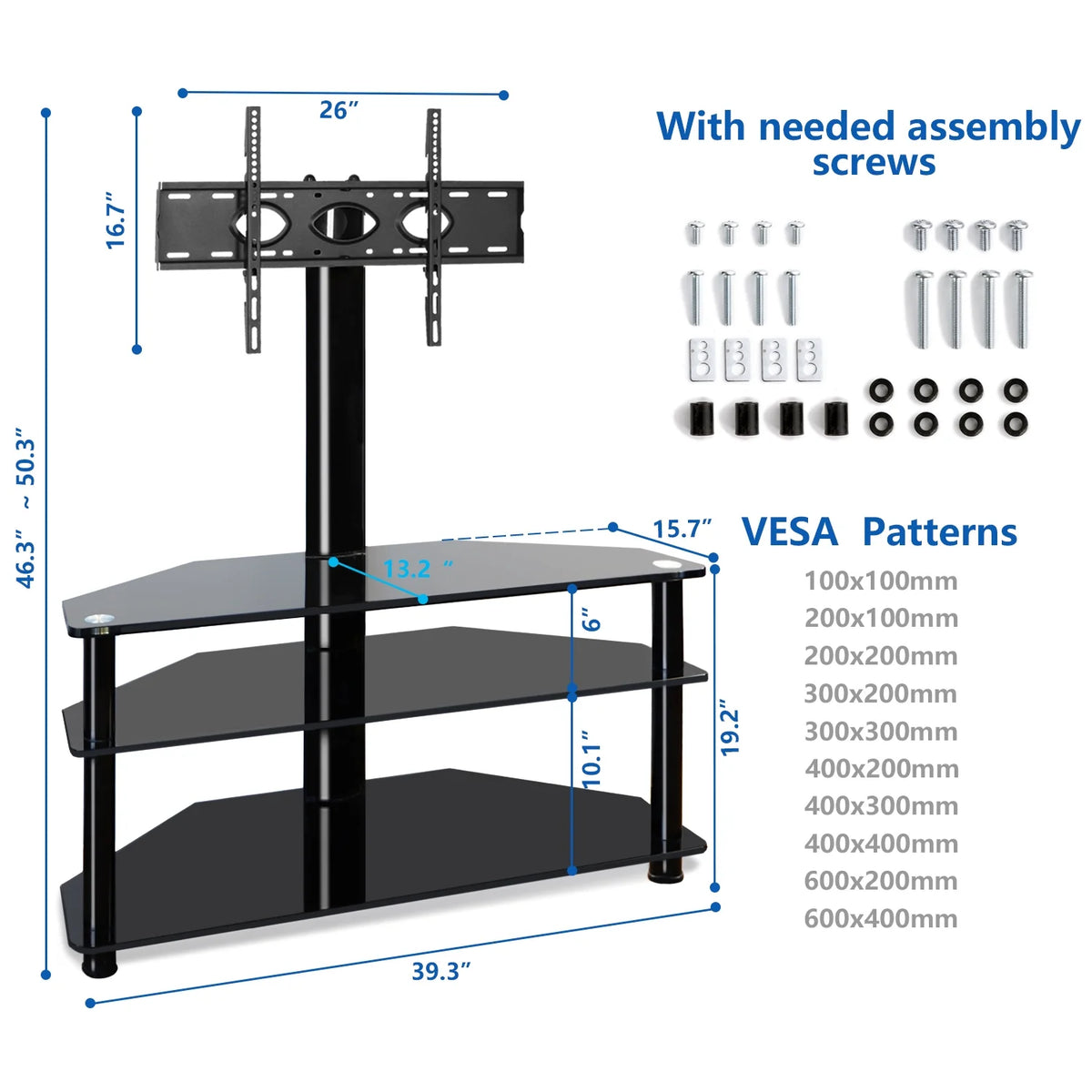 RTVR Modern 3-in-1 Flat Panel TV Stand for TVs up to 75 inch, Black Glass Shelves Table with Swivel Mount