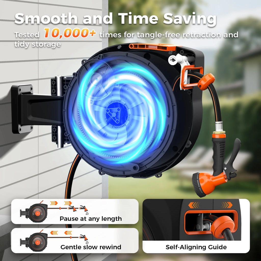 Retractable Garden Hose Reel 1/2 in x 100 ft, Auto-Rewind & Any Length Lock, 180 Swivel Heavy Duty Hose Reel Wall Mount for Outside, 10 Spray Patterns, UV-Resistant