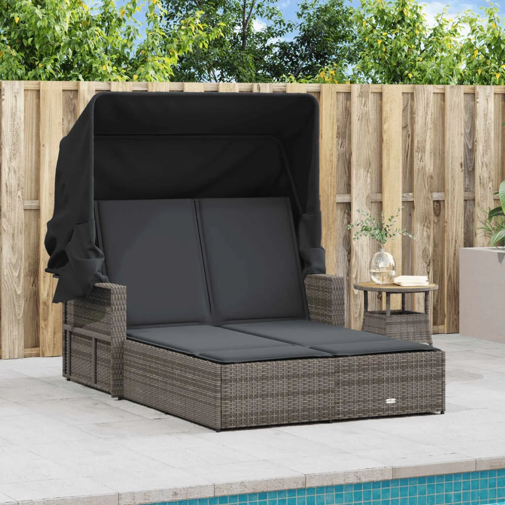 vidaXL Powder Coated Steel Removable Canopy and Cushions Double Sun Lounger, Beige