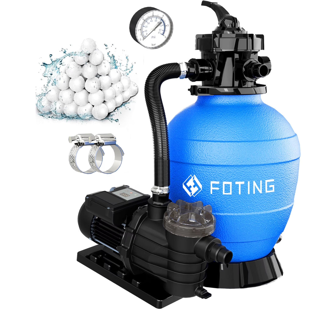 FOTING Sand Filter Pump for Above Ground Pool with Timer, 13in, Max 3800GPH for Pools Up to 13000GAL, 1HP, 6-Way Valve, Enhanced Circulation for Crystal-Clear Pool