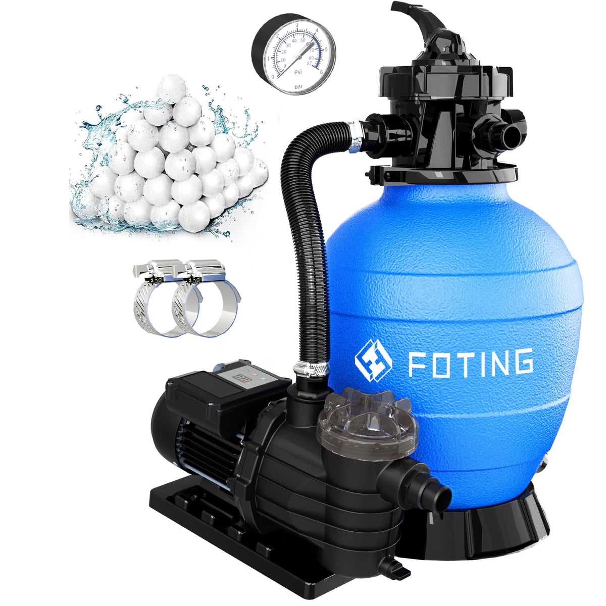 FOTING Sand Filter Pump for Above Ground Pool with Timer, 13in, Max 3800GPH for Pools Up to 13000GAL, 1HP, 6-Way Valve, Enhanced Circulation for Crystal-Clear Pool