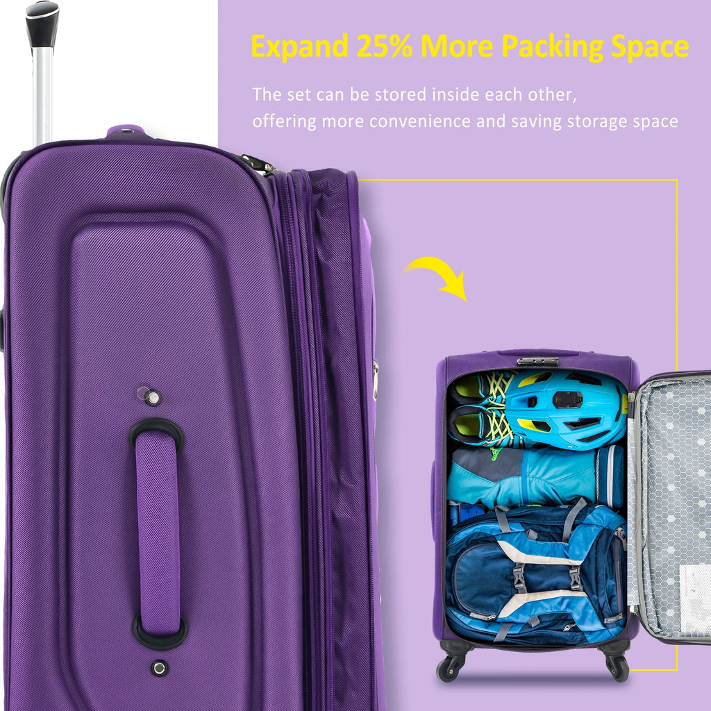 EUROCO 3 Piece Softside Luggage Set,Expandable Suitcase Set with TSA Lock and Spinner Wheels,Lightweight Suitcase for Men Women(20",24",28"),Black
