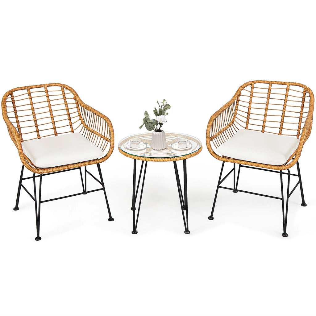 Costway 3PCS Patio Rattan Bistro Furniture Set Cushioned Chair Table Navy