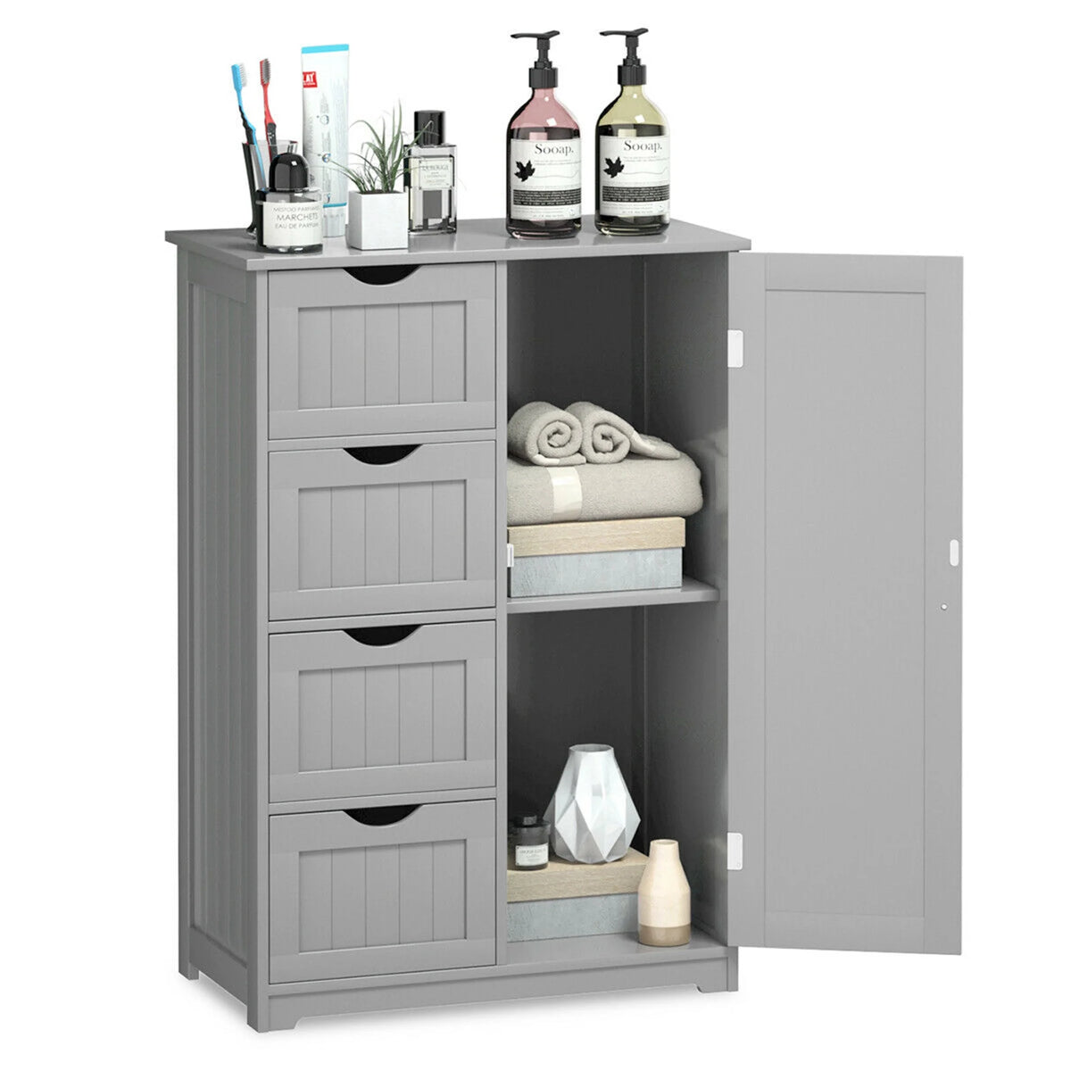 Gymax Bathroom Floor Cabinet Storage Organizer Cupboard w/ 4 Drawers Adjustable Shelf Grey