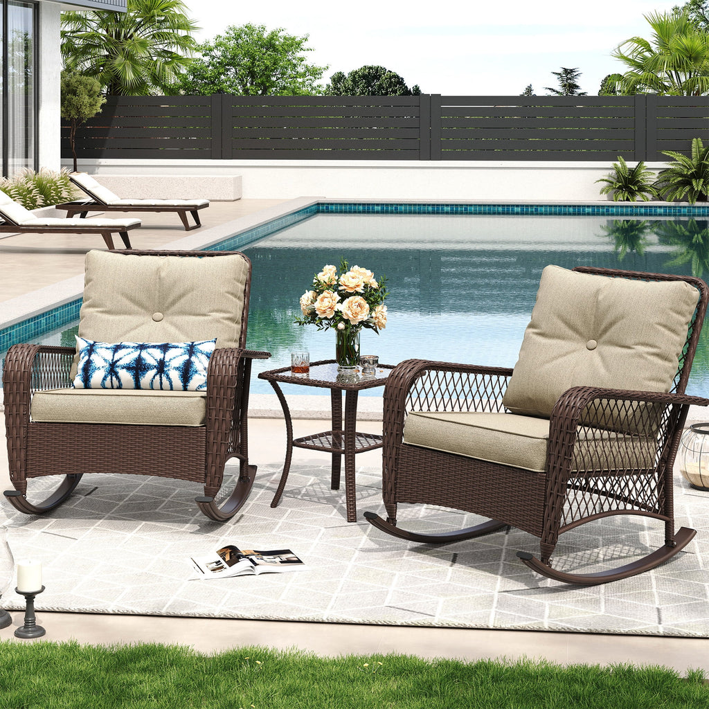 ELPOSUN 3-Piece Outdoor Rocking Chairs, Wicker Patio Furniture with Thickened Cushions and Table for Porch