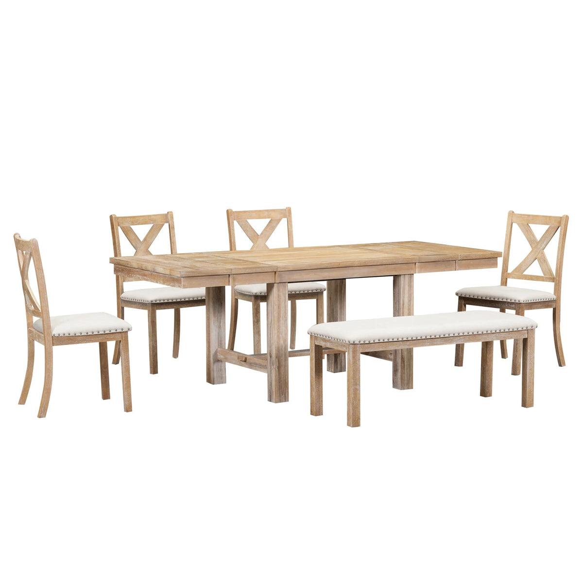 MODERNLUXE 82"Farmhouse 6PCS Dining Table Sets for 6,Solid Wood Dining Table Set with Extendable Table with Footrest and Two 11"Removable Leaf,4 Upholstered Chairs and Longer Upholstered Bench