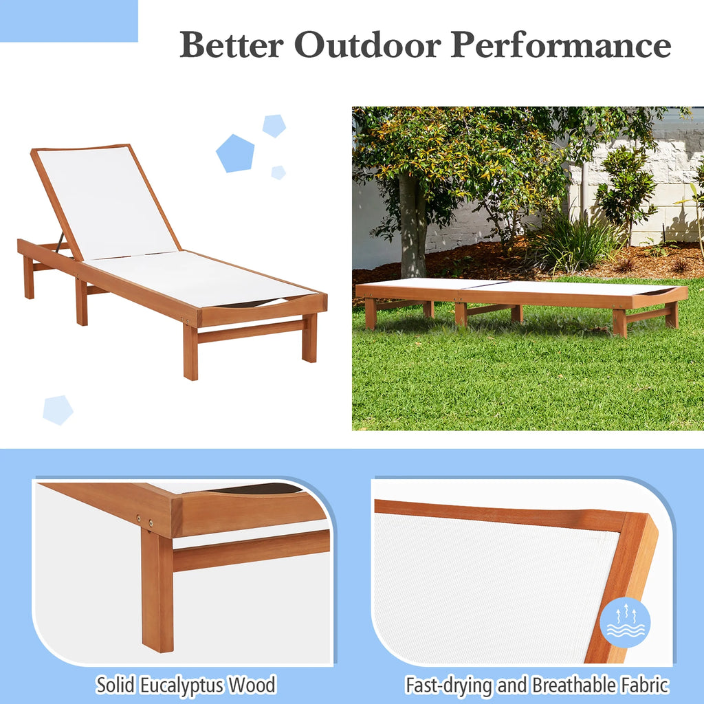 Gymax 2PCS Patio Wooden Chaise Lounge Chair Recliner w/ Adjustable Backrest