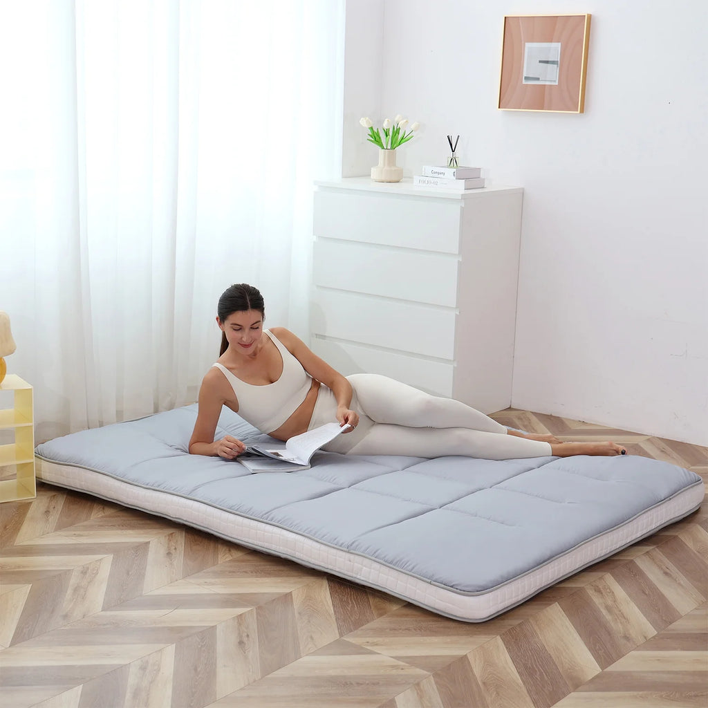 NAIZEA Japanese Floor Mattress, Extra Thick Memory Foam Futon Mattress, Foldable Roll Up Sleeping Pad with Bandage and Storage Bag, Queen, Gray