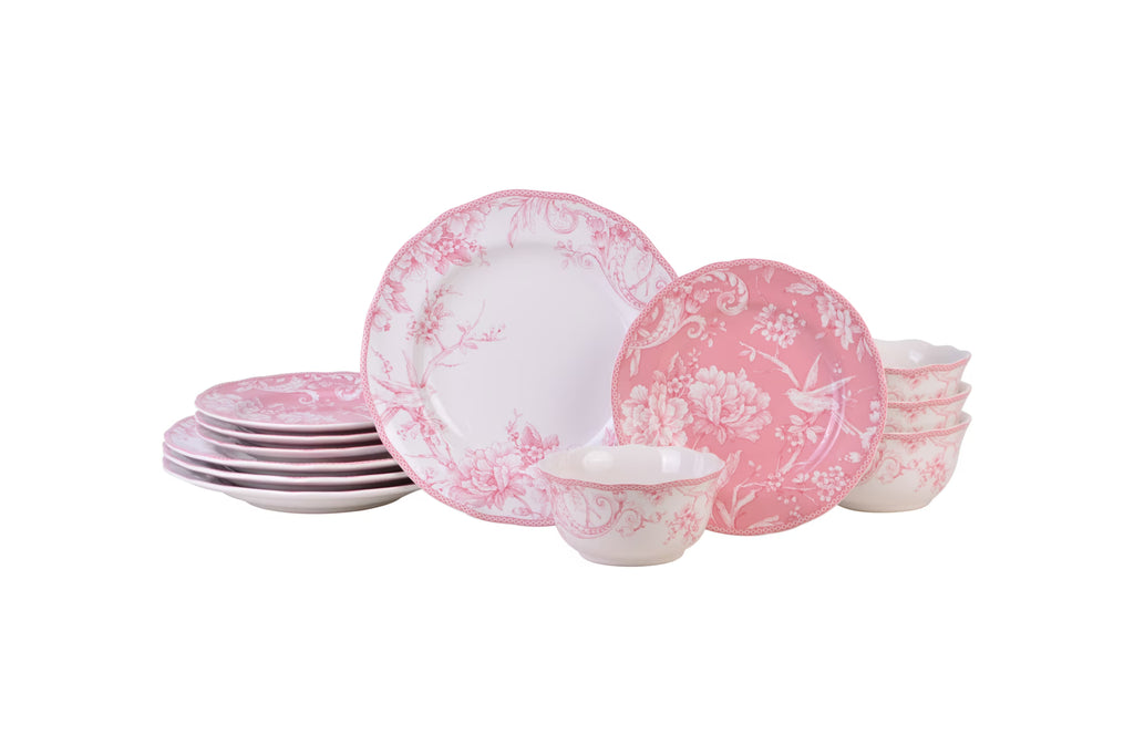 222 Fifth Adelaide Brown on White Porcelain 12 Piece Dinnerware Set, Plates & Bowls, Service for 4