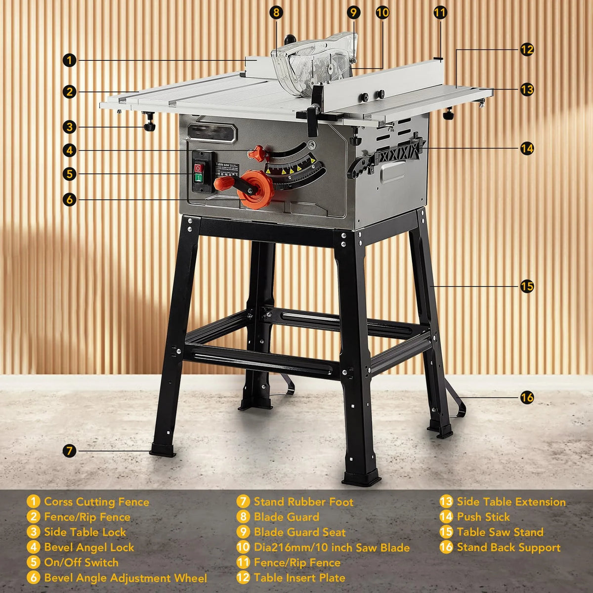 Garvee 10" Table Saw - 15A Electric Table Saw with Metal Stand, 90 Cross Cut & 0-45 Bevel Cut, Cutting Speed Up to 5000RPM Multifunctional Saw Adjustable Blade Height for Woodworking,Gray