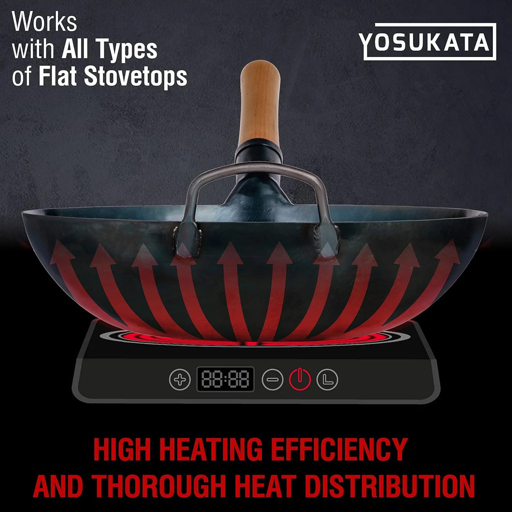 YOSUKATA 13.5" Carbon Steel Wok Pan Pre-Seasoned Flat Bottom Wok for Stir Fry, BBQ & Camping Works with Induction, Gas, Electric & Open Fire