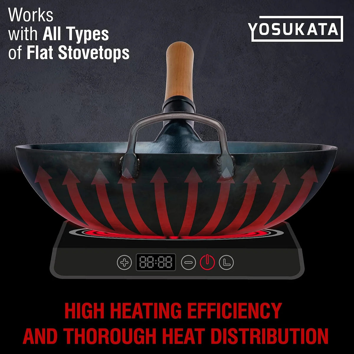 YOSUKATA 13.5" Carbon Steel Wok Pan Pre-Seasoned Flat Bottom Wok for Stir Fry, BBQ & Camping Works with Induction, Gas, Electric & Open Fire