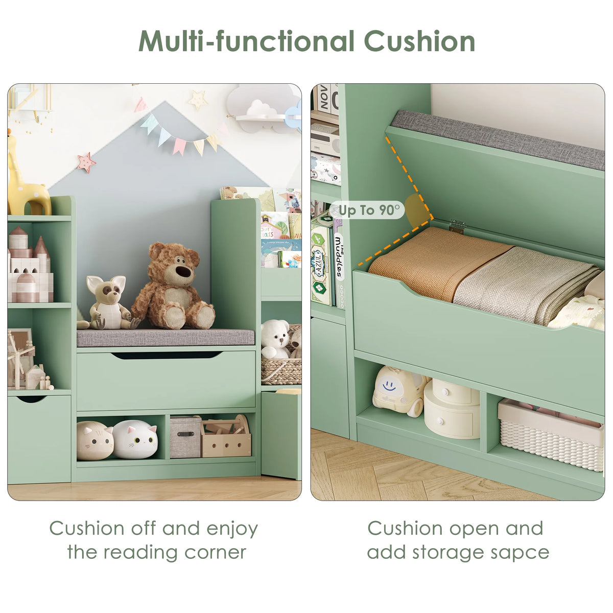 Hiphuta 72"Wide Kids Bookcase with Reading Nook and Under Bench Storage, Wooden Toy Storage Organizer & Book Rack for Kids Room, White