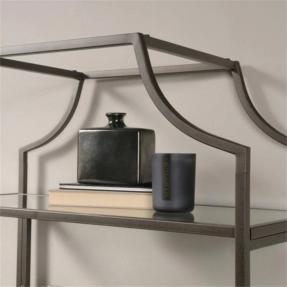 Pemberly Row 5-Shelf Modern Metal Bookcase in Gold Satin/Faux Deco Stone