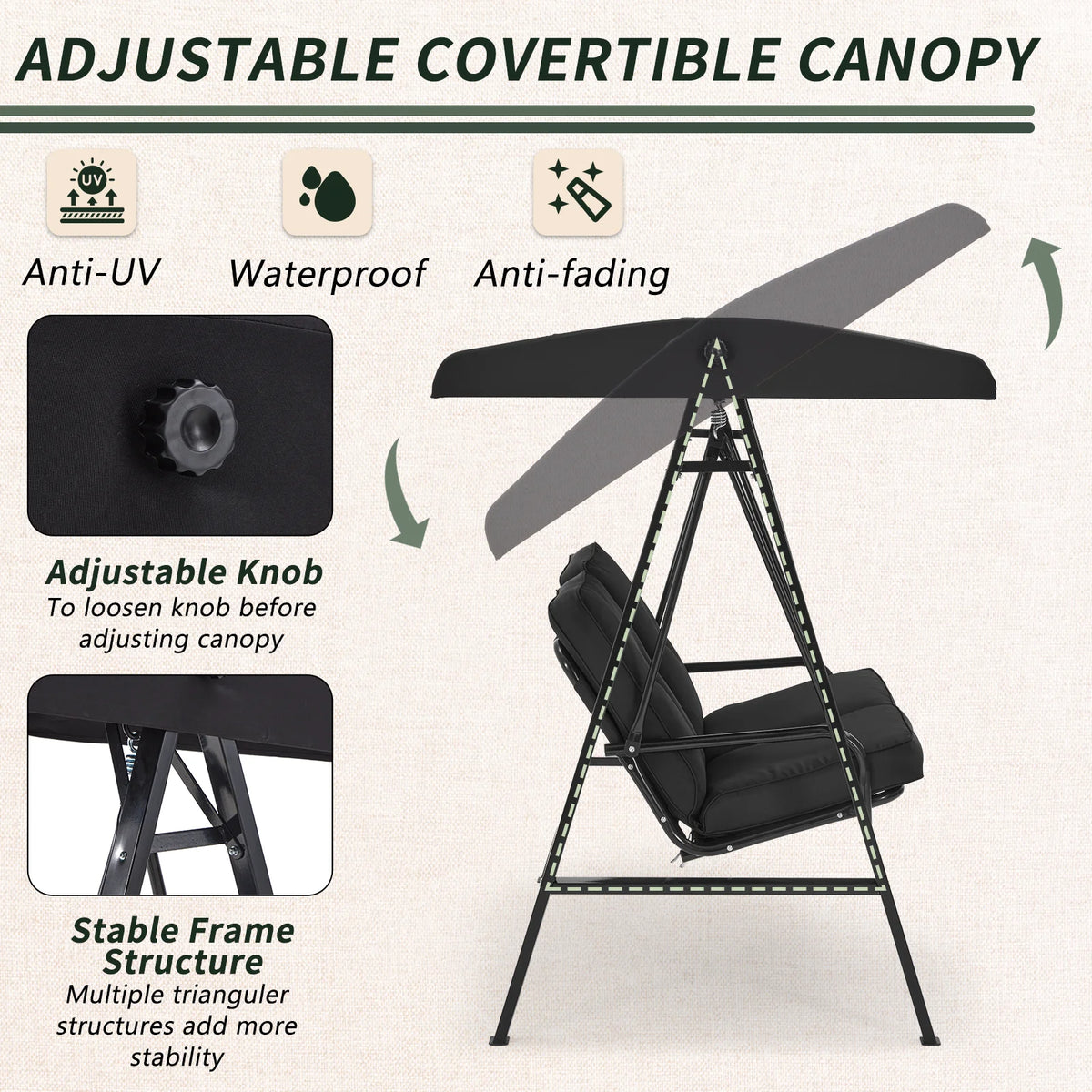 AECOJOY 2 Persons Outdoor Patio Canopy Steel Porch Swing Chair-Beige