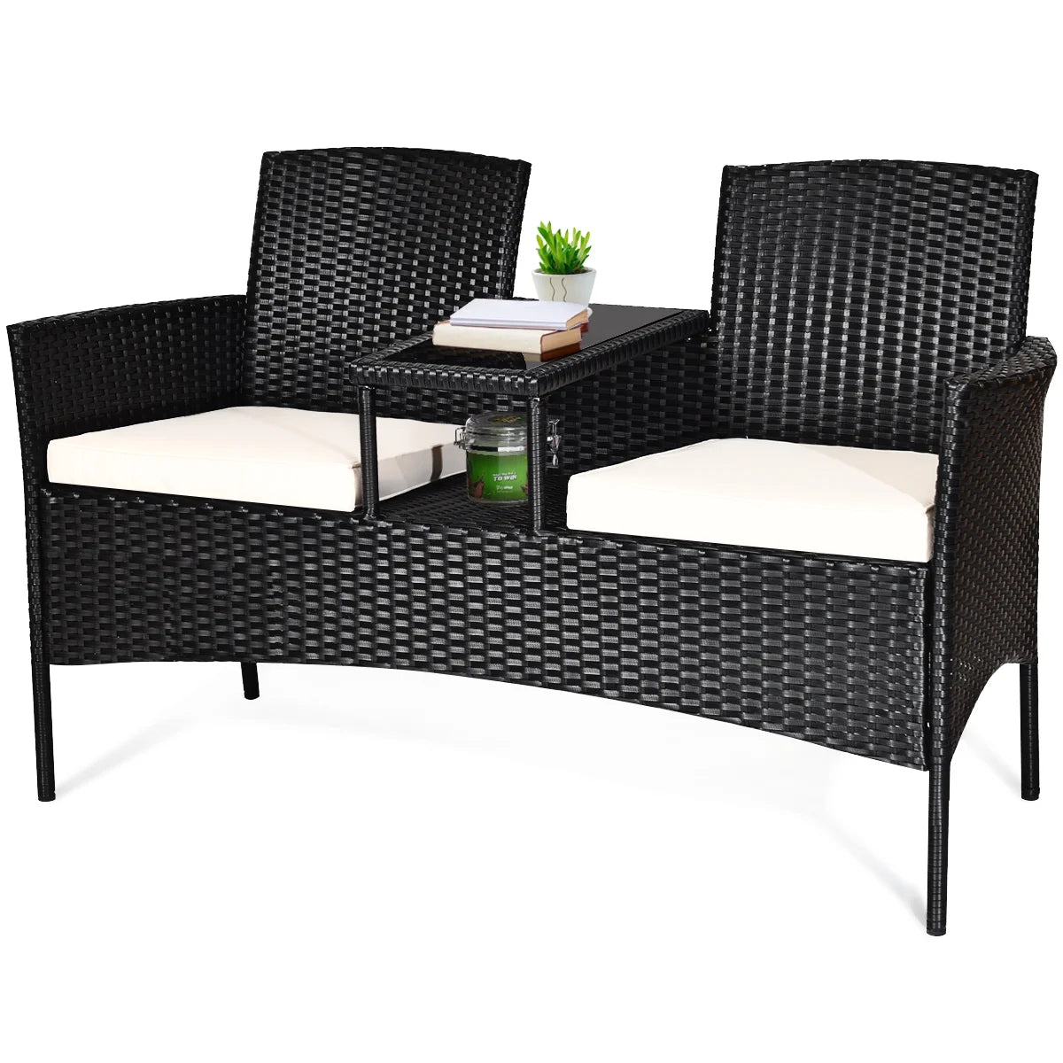 Costway Patio Rattan Conversation Set Seat Sofa Cushioned Loveseat Chairs Turquoise