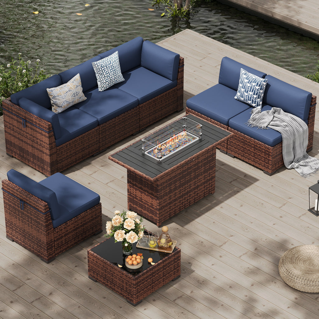 MRUAKA 8 Pieces Patio Furniture Set with Fire Pit Table, Outdoor Furniture Sectional Rattan Sofa with Slanted Back, Patio Couch with Glass Coffee Table for Backyard Garden (Dark Grey)