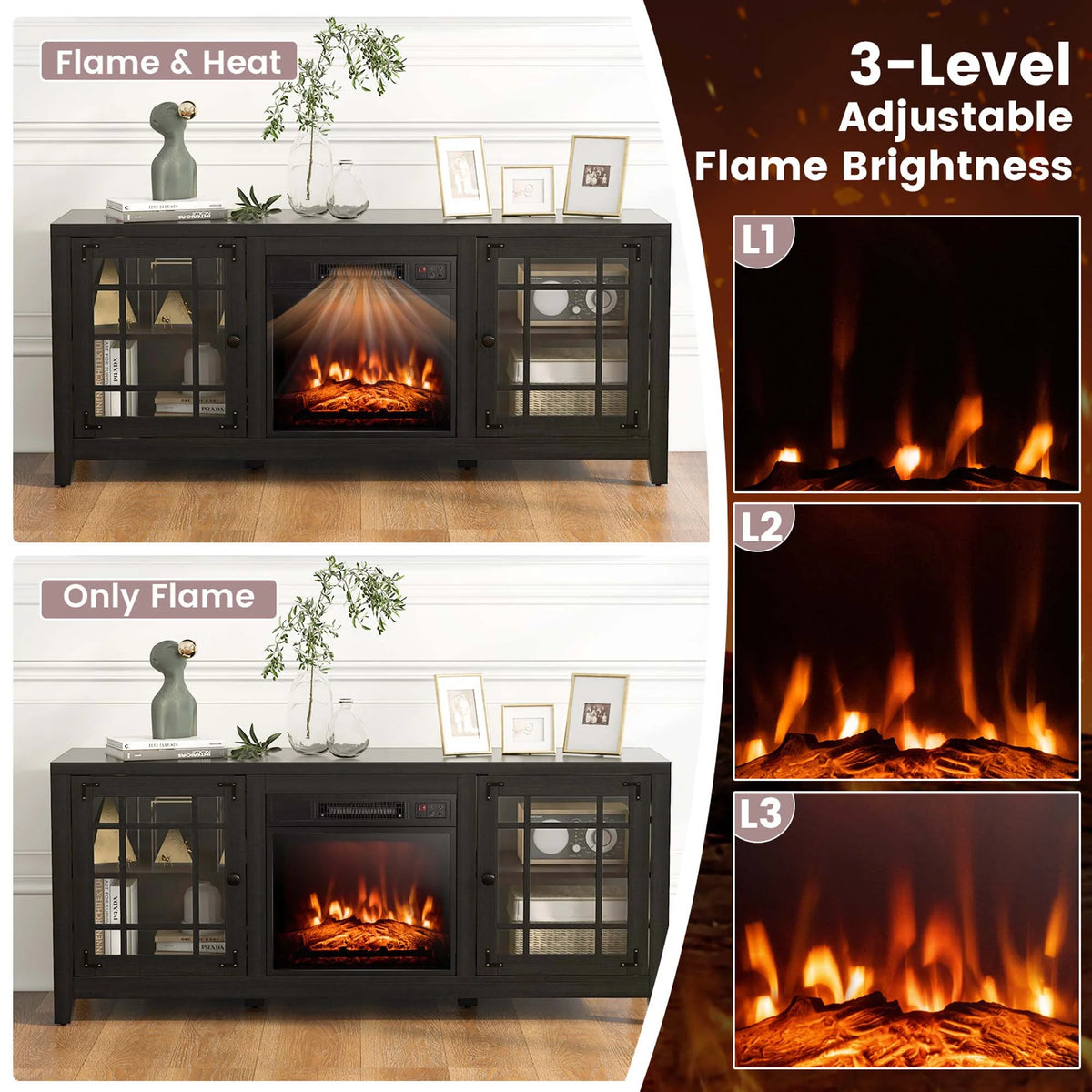 Costway 58 Inches Fireplace TV Stand for TVs up to 65 Inches with 1400W Electric Fireplace Natural