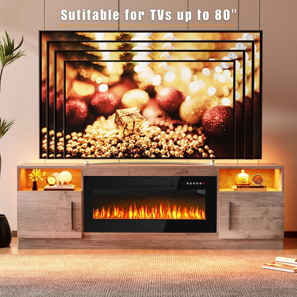 Waleaf Fireplace TV Stand with 18'' Fireplace for TVs up to 65 inch, Two Adjustable Glass Shelves
