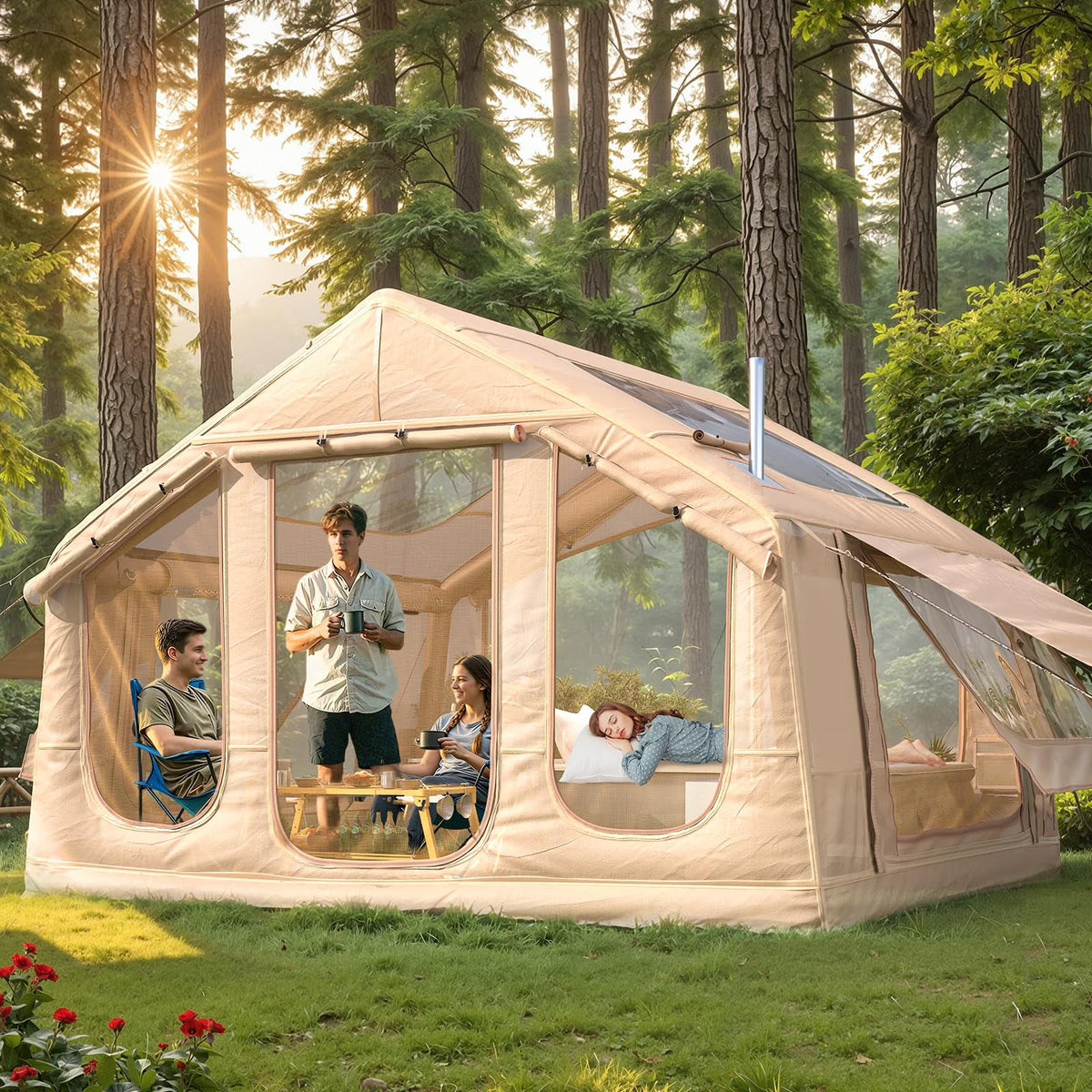Yoleny 12'x8' Inflatable Tent, 96 SFT Blow Up Tent for Camping, 4 Season Oxford Glamping Tents with Clear Skylight, Pump & Stove Jack