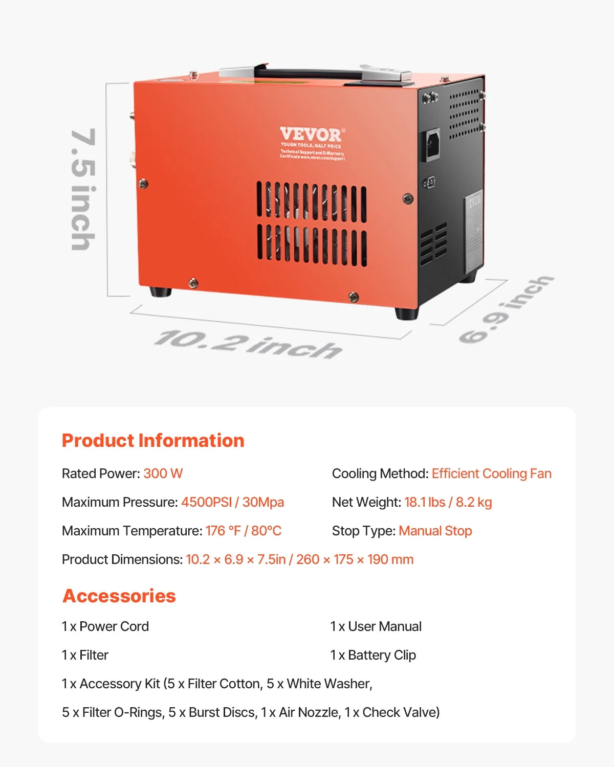 VEVOR PCP Air Compressor, 4500PSI/30Mpa Portable PCP Airgun Compressor with Built-in Converter & Fan Cooling System, DC12V/AC120V Manual-Stop Air Rifle, Paintball and Scuba Tank Compressor Pump