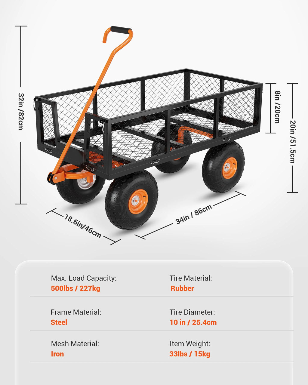 Heavy Duty Steel Garden Cart, Garden Wagon Cart on Wheels, Outdoor Metal Yard Utility Wagon Carts  w/Adjustable Handle & Removable Sides(Convert to Flatbed)