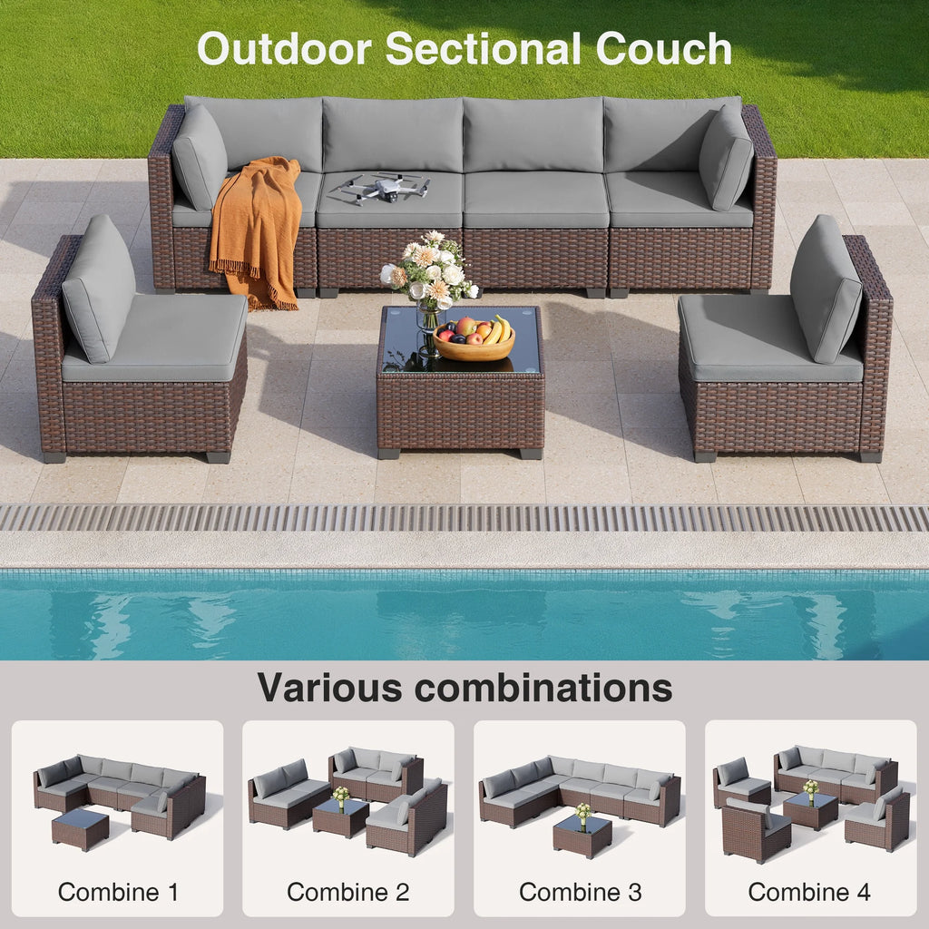 7 Piece Outdoor Patio Furniture Set, Asofer Rattan Wicker Outdoor Conversation Sectional Sofa Set, Gray