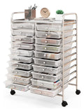 20 Drawers Storage Cart w/Rolling Wheels, Semi-Transparent Mobile Rolling Drawer Cart for School Classroom Office Home Salon, Files Scrapbook Craft Organizer, Utility Cart on Wheels (Clear)