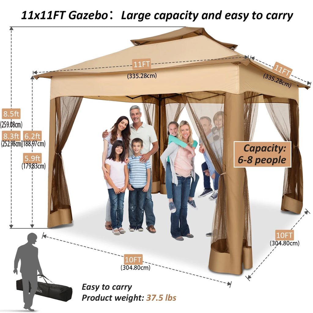 HOTEEL 11x11 Outdoor Waterproof Gazebo, Pop up Canopy Gazebo with Mosquito Netting & UV Protection for Parties, Camping, Weddings, and Backyard Events, Gray