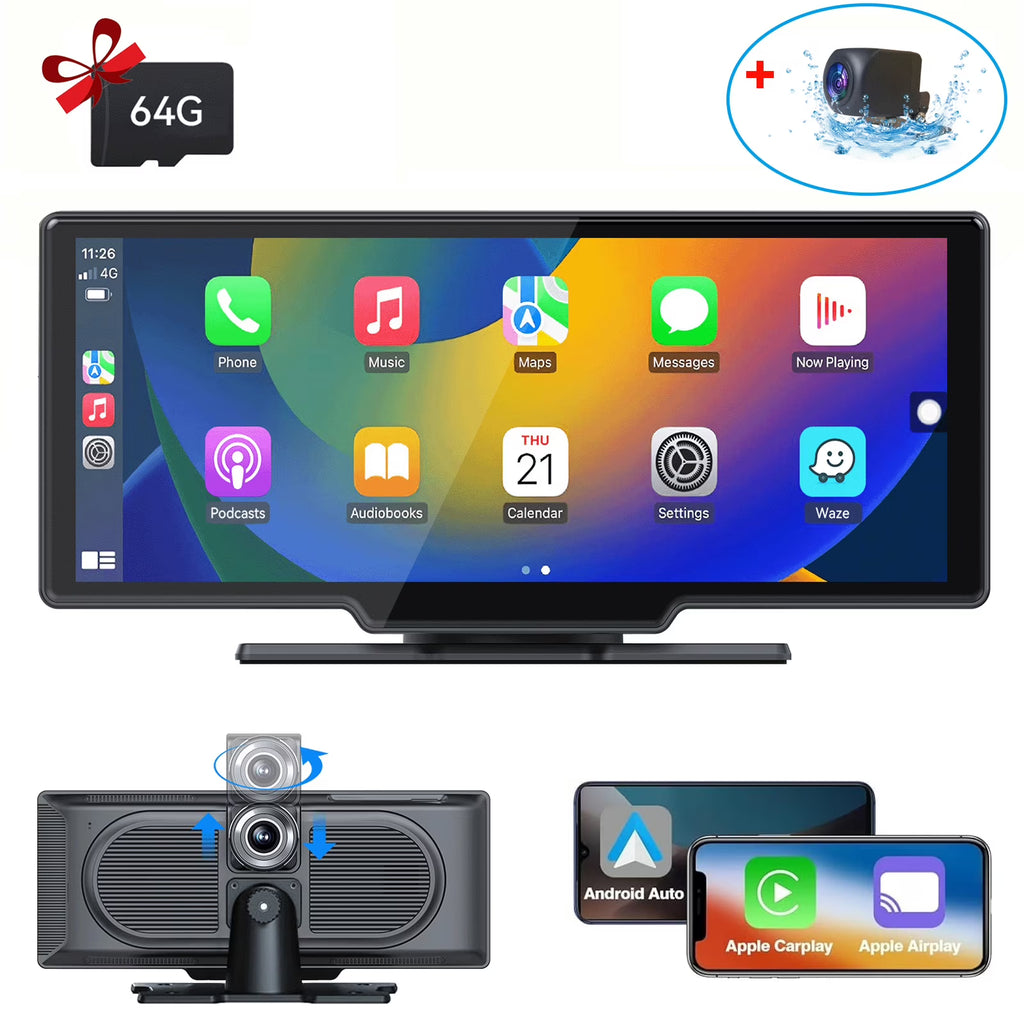 10.26 Wireless Apple Carplay Screen with Android Auto, 4K Dash Cam, Backup Camera, Bluetooth, GPS, Voice Control