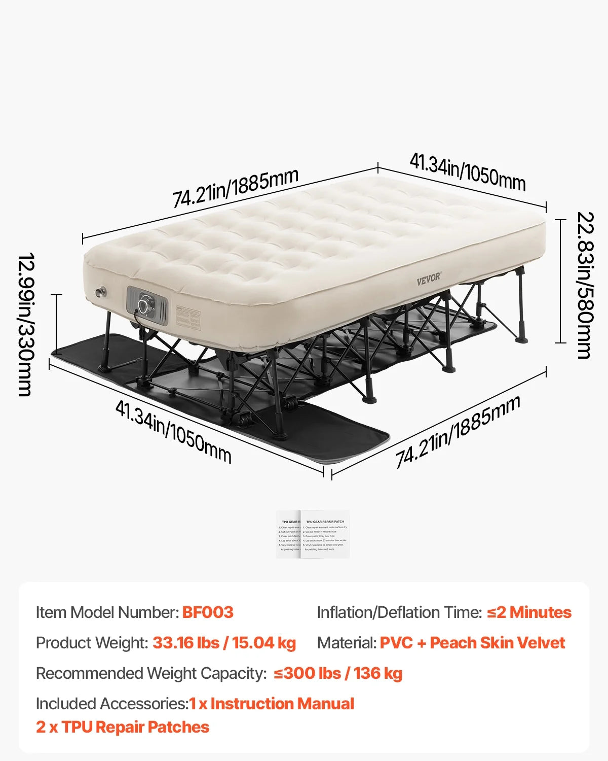 VEVOR Air Mattress with Frame, Inflatable 1 Person Camping Cot with Built-in Pump, Portable Folding Air Beds Supports 300 lbs, Blow Up Anywhere Bed for Guests Camping Travel Indoor & Outdoor Use