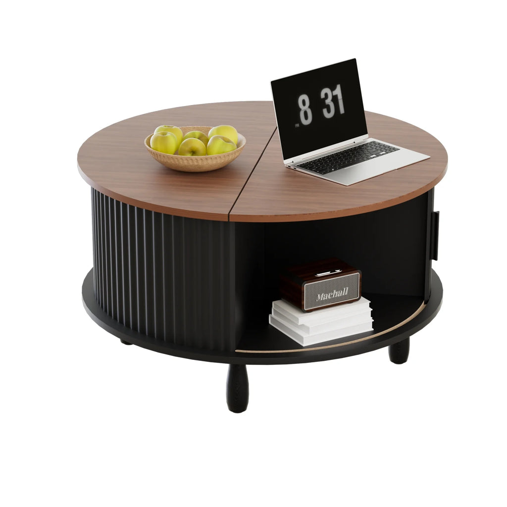 RUMLIVE Round Coffee Table with Storage, 30.7" Modern Coffee Table with 360 Curved Sliding Door, Fluted Wood Coffee Table with Footpads, Round Center Table for Living Room, Black