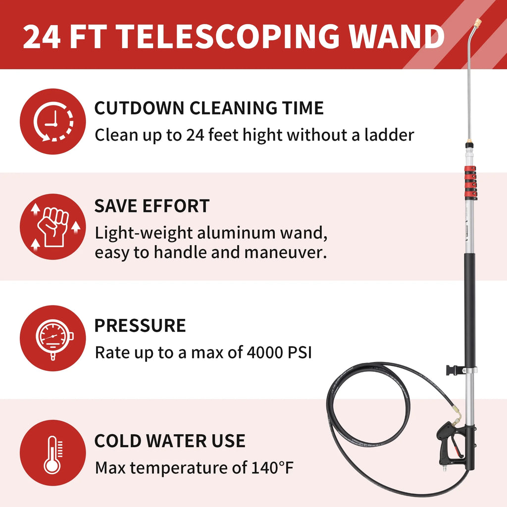 24 FT Gutter Cleaning Tools from The Ground - Telescoping Pressure Washer Wand - Gutter Cleaner Attachment with Power Washer Extension Wands, Brush, 7 Spray Nozzle Tips, 2 Hose Adapters, Support Belt