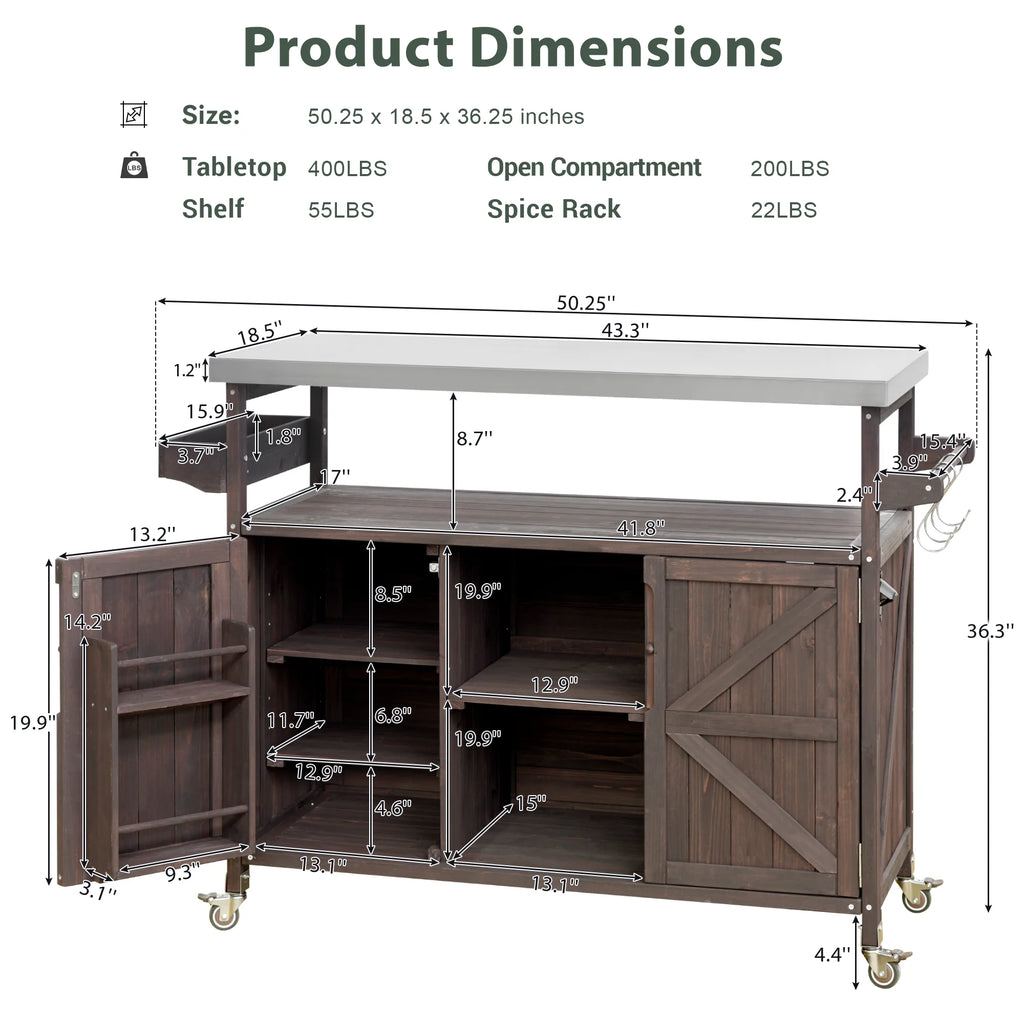 Outdoor Kitchen Island, Rolling Bar Cart & Storage Cabinet, Farmhouse Solid Wood Outdoor Grill Table with Stainless Steel Top, Spice Rack , Towel Rack for Kitchen & BBQ , Natural