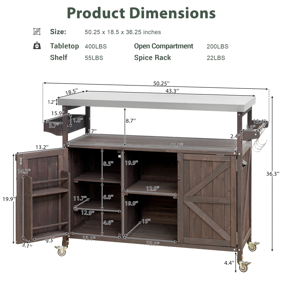 Outdoor Kitchen Island, Rolling Bar Cart & Storage Cabinet, Farmhouse Solid Wood Outdoor Grill Table with Stainless Steel Top, Spice Rack , Towel Rack for Kitchen & BBQ , Natural