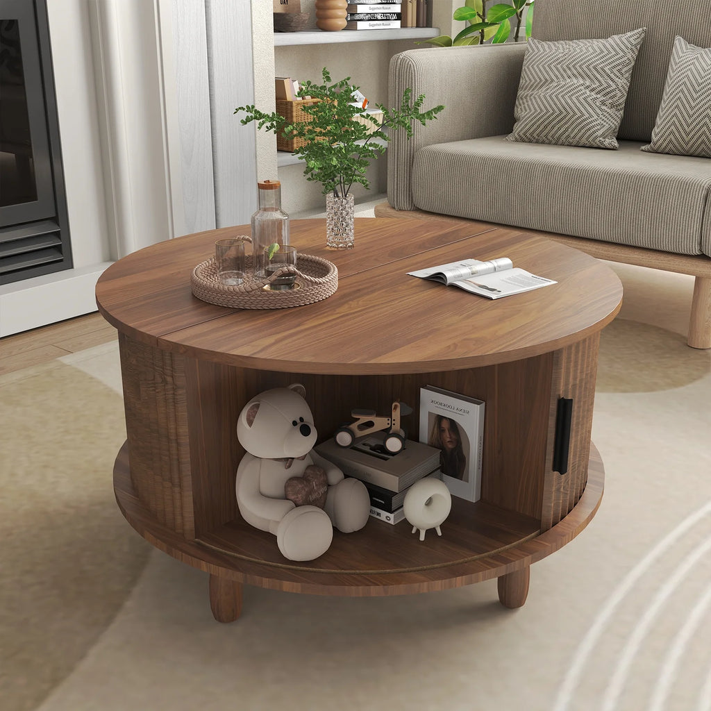 RUMLIVE Round Coffee Table with Storage, 30.7" Modern Coffee Table with 360 Curved Sliding Door, Fluted Wood Coffee Table with Footpads, Round Center Table for Living Room, Black