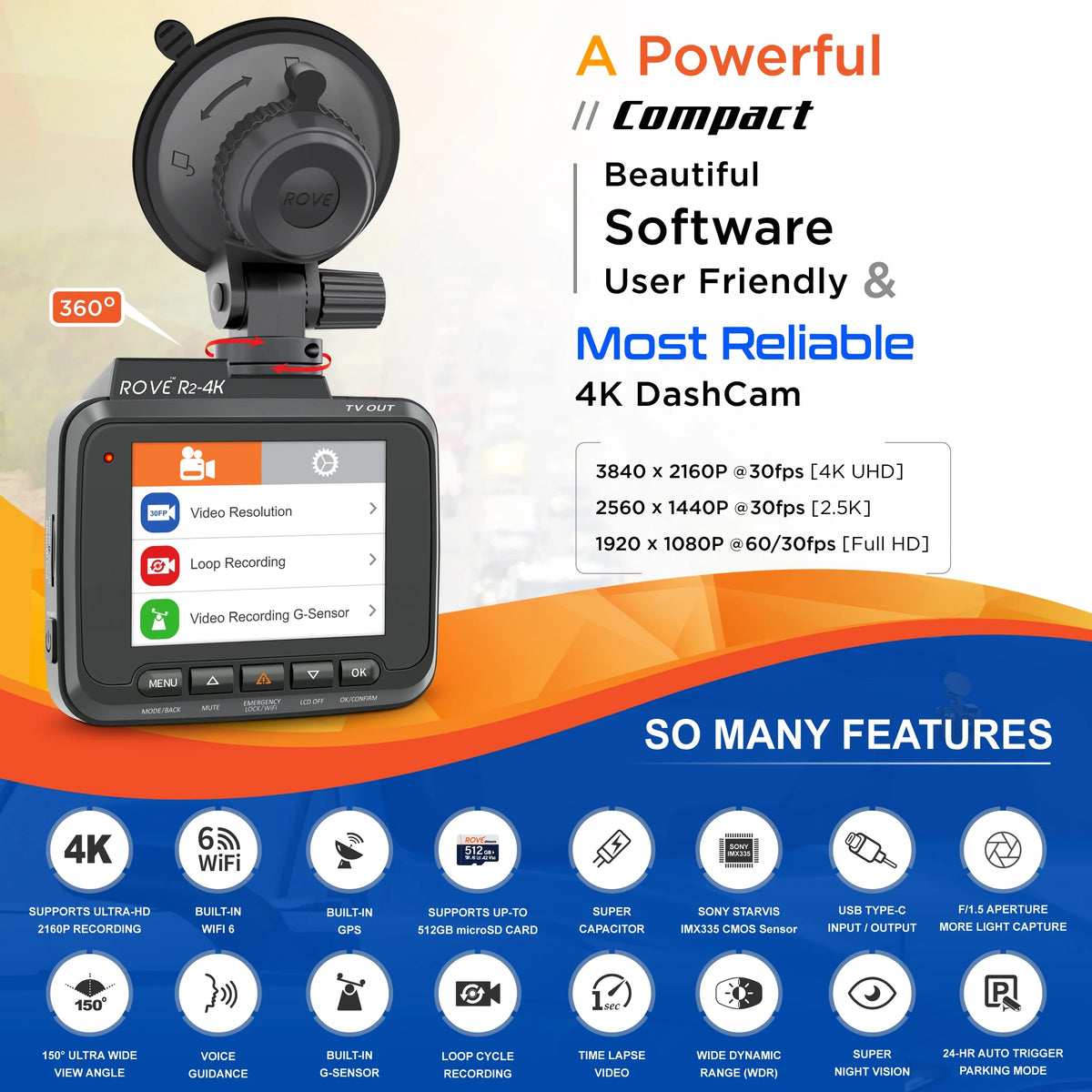 ROVE R2-4K Dash Cam Built-in WiFi 6 GPS Car Dashboard Camera Recorder with UHD 2160P, 2.4" IPS Screen, 150 Wide Angle, WDR, Night Vision