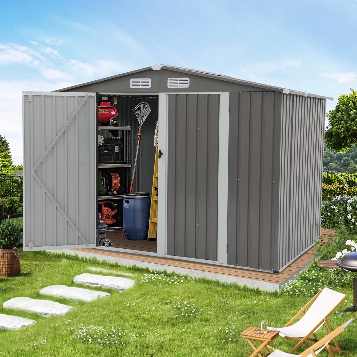 JOIVI 8'x6' Outdoor Storage Shed, Galvanized Metal Tool Storage Shed, Weather Resistant Garden Shed W/Lock for Backyard Patio Lawn, Brown