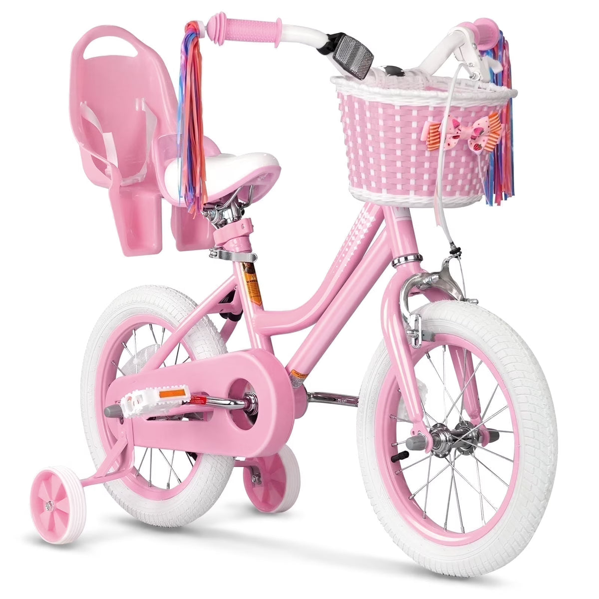 XJD Girls Bike for Toddlers 3-9 Years Old Kids, 14 Inch Kids Bike with Training Wheels, Streamers, Basket and Doll Seat, Children Bicycles with Handbrake