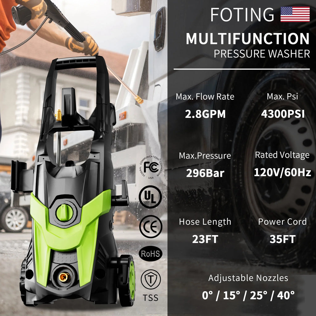 Electric Pressure Washer, 4500 PSI 3.2 GPM Power Washer with 4 Quick Connect Nozzles, High Pressure Cleaning Machine with Foam Cannon for Cars/Fences/Driveways/Patios/Home Cleaning