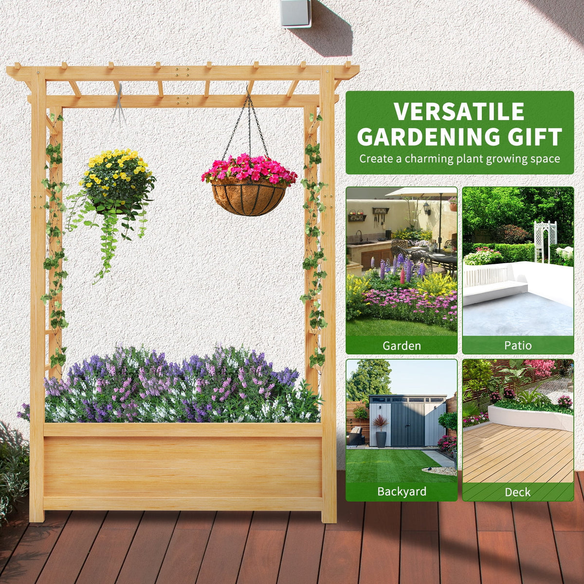 Slsy 63" Screen Raised Garden Bed, Wooden Planter Box with Hanging Roof & Drainage Holes, Indoor Outdoor Elevated Planter for Vine, Climbing Plants, Flowers, Patio & Garden